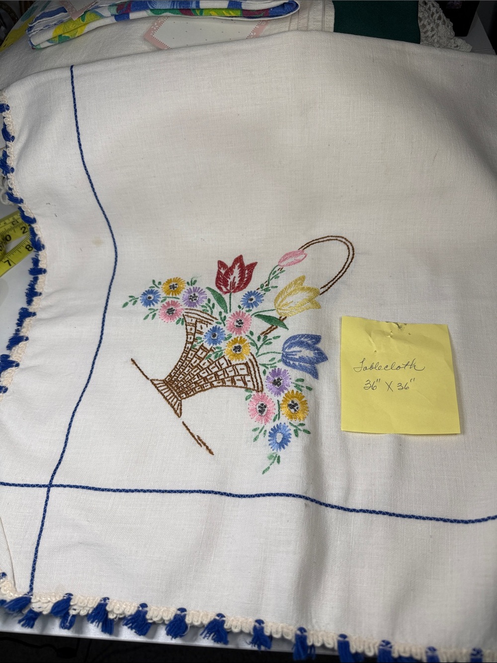 Embroidered White Tablecloth with Multicolor Floral Basket - Handmade Accent